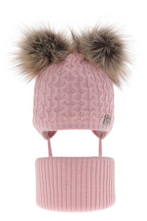 Meisjes winter set muts en buissjaal, roze, met twee pompons garen, met bindkoorden, Poliana