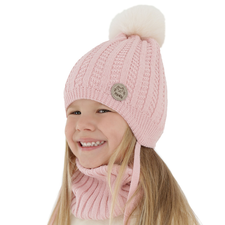 Meisjes winter set muts en buissjaal, roze, met garen pompon, Kenta
