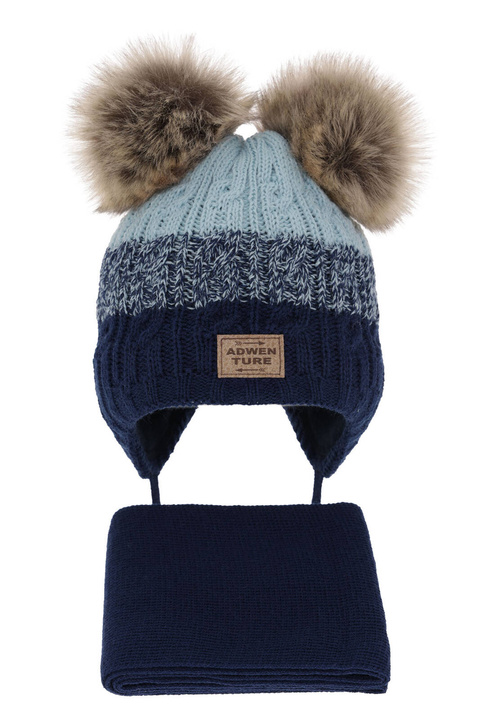 Jongens winter set muts en sjaal, blauw, met twee pompons garen, Platon