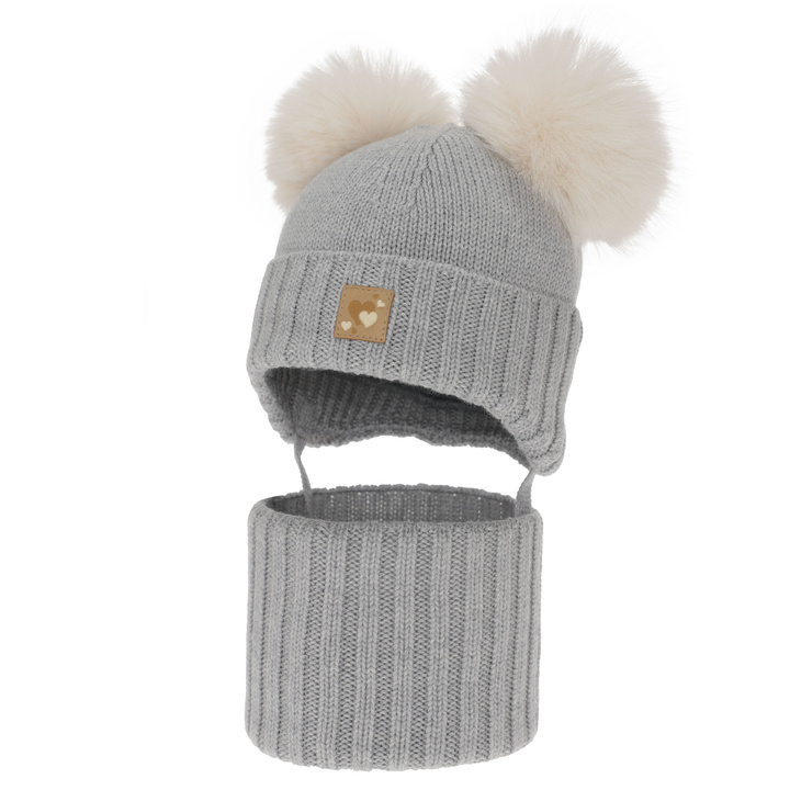 Tyttöjen pipo ja kauluri, talvi setti, harmaa, 100% merinovillaa, vuorattu villafleeceellä, Ronia