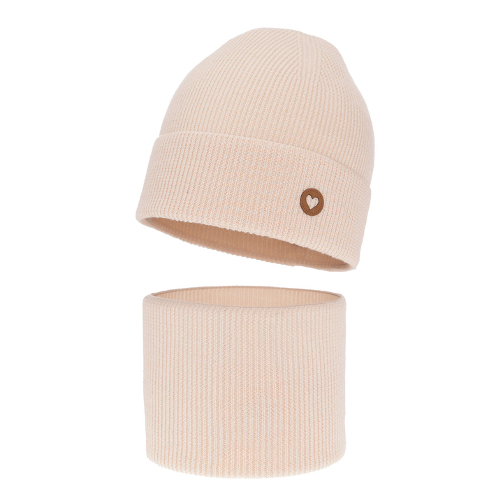 Meisjes herfst/lente set muts en buissjaal, lichtroze, 100% Merino Wol, Brook