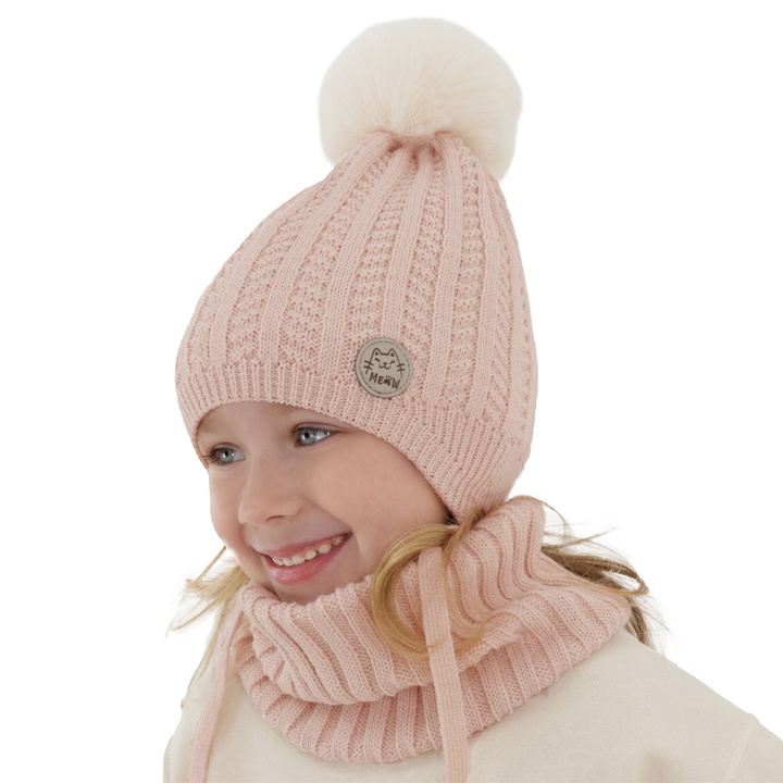 Meisjes winter set muts en buissjaal, roze, met garen pompon, Kenta