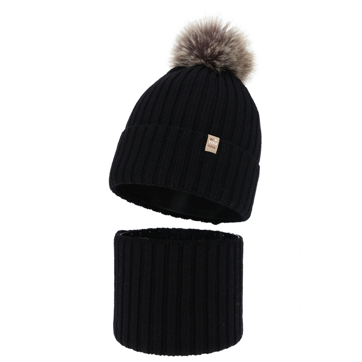 Tyttöjen talvisetti: pipo ja putkihuivi, talvi, musta, 100% Merinovilla, puuvillavuorilla, tupsulla, Terida