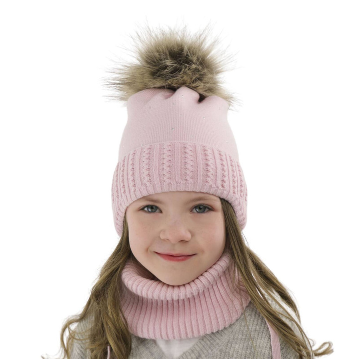 Meisjes winter set muts en buissjaal, lila, met garen pompon, Renia