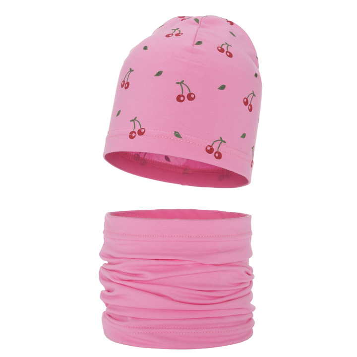 Meisjes herfst/lente set muts en buissjaal, roze, katoen, Cerise