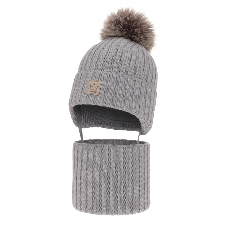 Meisjes winter set muts en buissjaal, grijs, 100% Merino Wol, met bindkoorden, gevoerd met wolpolaar, Martina