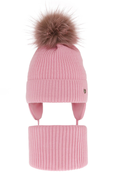 Meisjes winter set muts en buissjaal, roze, met garen pompon, met bindkoorden, Debra