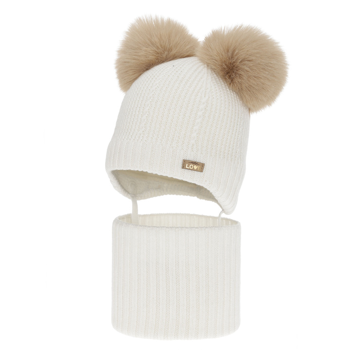 Tyttöjen pipo ja kauluri, talvi setti, valkoinen, 100% merinovillaa, vuorattu villafleeceellä, Lumia