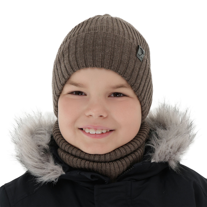 Jongens winter set, bruin, gevoerd met fleece, merino wol, Gecko