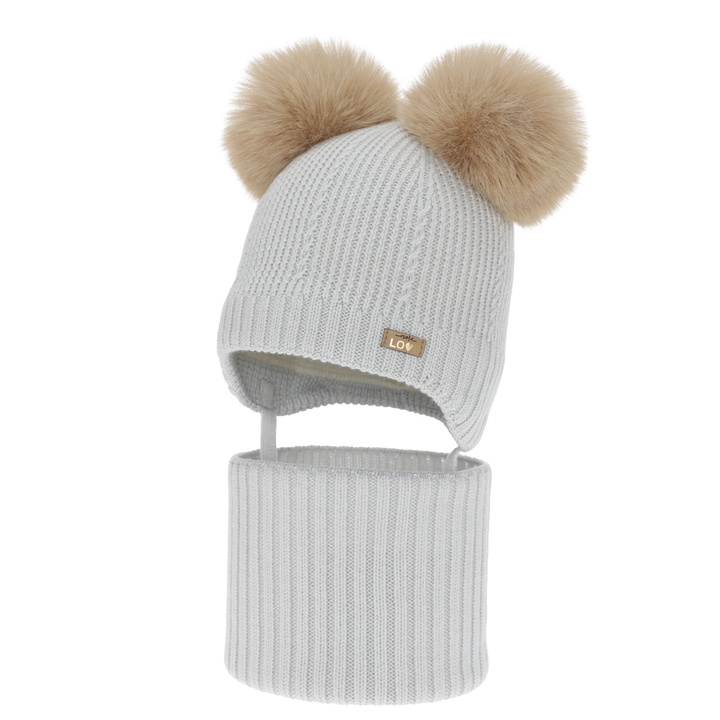 Tyttöjen pipo ja kauluri, talvi setti, harmaa, 100% merinovillaa, vuorattu villafleeceellä, Lumia