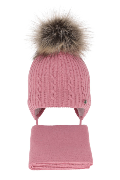 Meisjes winter set muts en sjaal, roze, met garen pompon, Amana