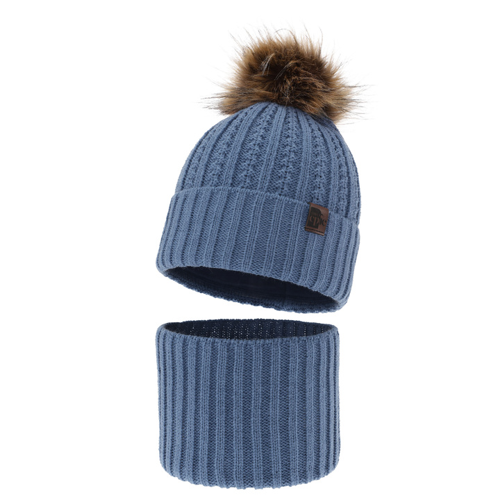 Jongens winter set muts en sjaal, blauw, met garen pompon, Lars
