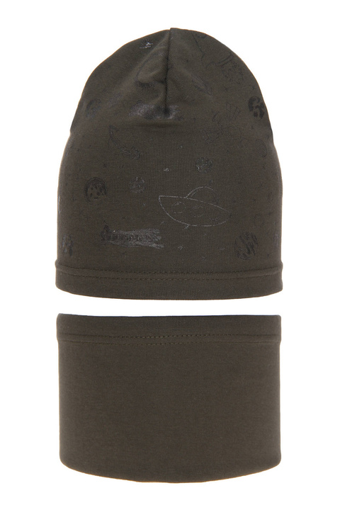 Jongens herfst/lente set muts en buissjaal, khaki, katoenen, Kosmos