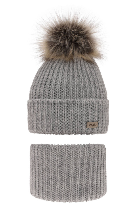 Meisjes winter set, grijs, met garen pompon, Willow