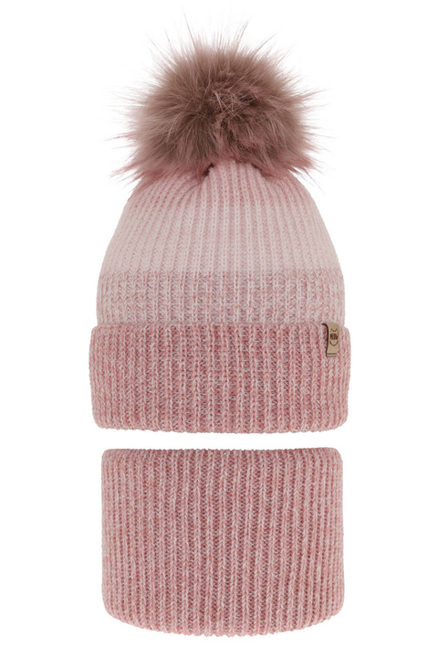 Meisjes winter set muts en buissjaal, roze, met garen pompon, Gimena