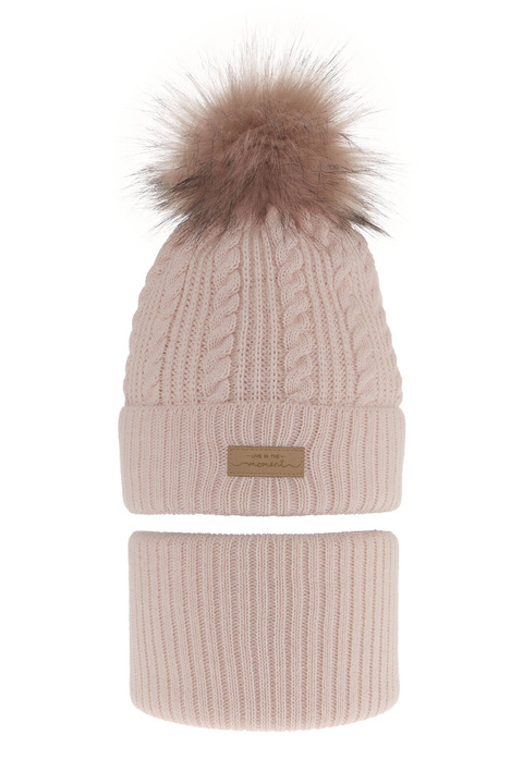 Meisjes winter set muts en buissjaal, roze, met garen pompon, Alika