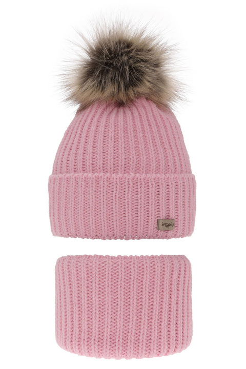 Meisjes winter set muts en buissjaal, roze, met garen pompon, Willow
