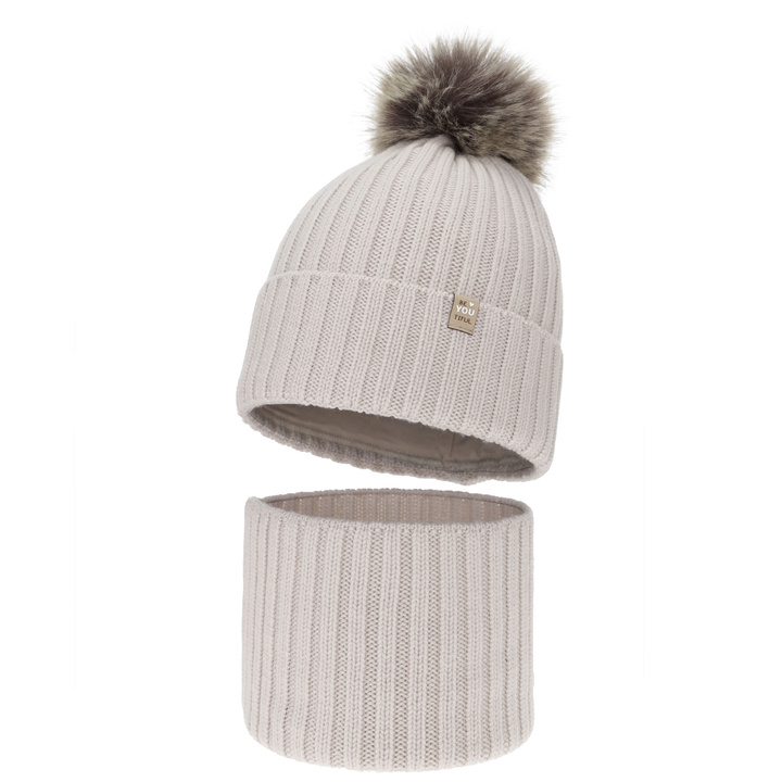 Tyttöjen talvisetti (pipo ja putkihuivi), talvi, beżowy, 100% Merinovilla, Puuvillavuorilla, Tupsulla, Terida