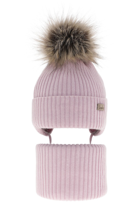 Meisjes winter set muts en buissjaal, lila, met bindkoorden, Bria