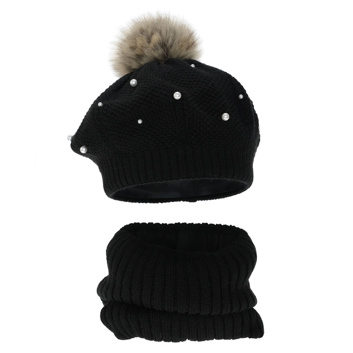 Tyttöjen talvisetti: beretti ja putkihuivi, talvi, fleecevuorilla, kerma, tupsulla, Jeanette