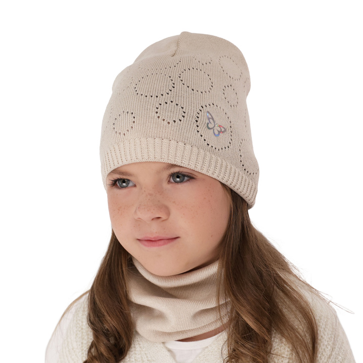 Meisjes herfst/lente set muts en buissjaal, puuvillalla, beige, Amarilla