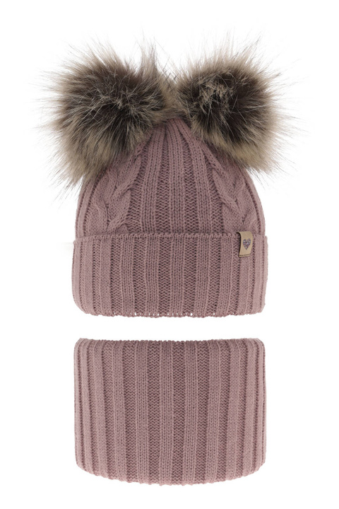 Meisjes winter set muts en buissjaal, amarant, met twee pompons, Amala