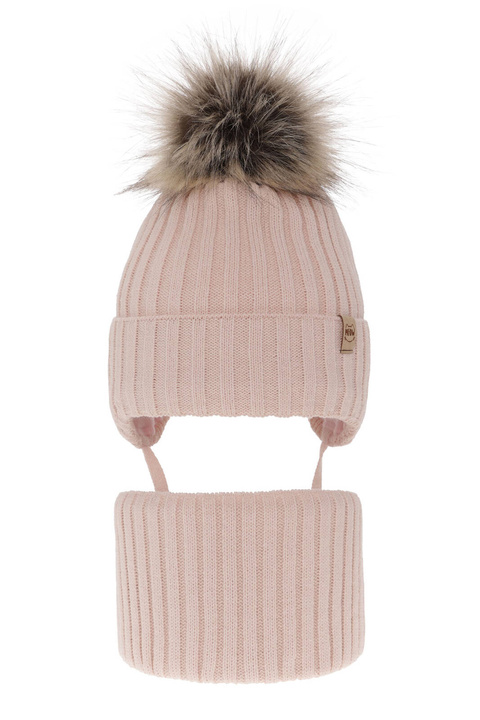 Meisjes winter set muts en buissjaal, beige, met garen pompon, Louisa