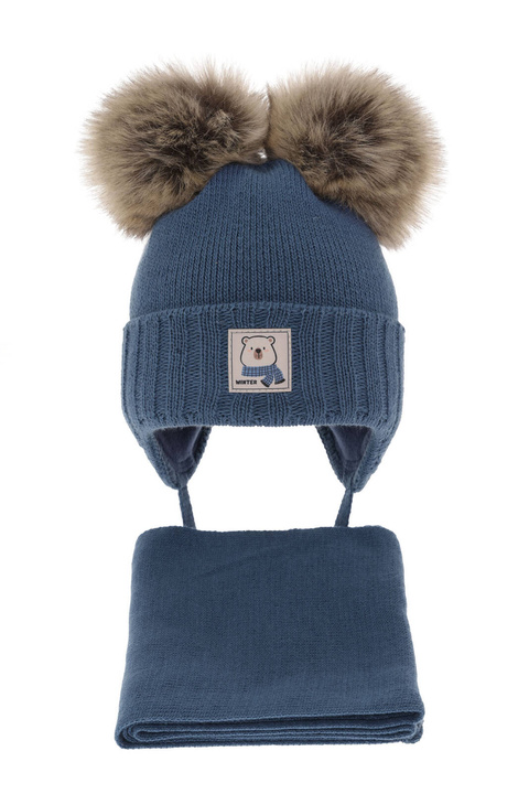Jongens winter set muts en sjaal, blauw, met twee pompons (garen), Jewel