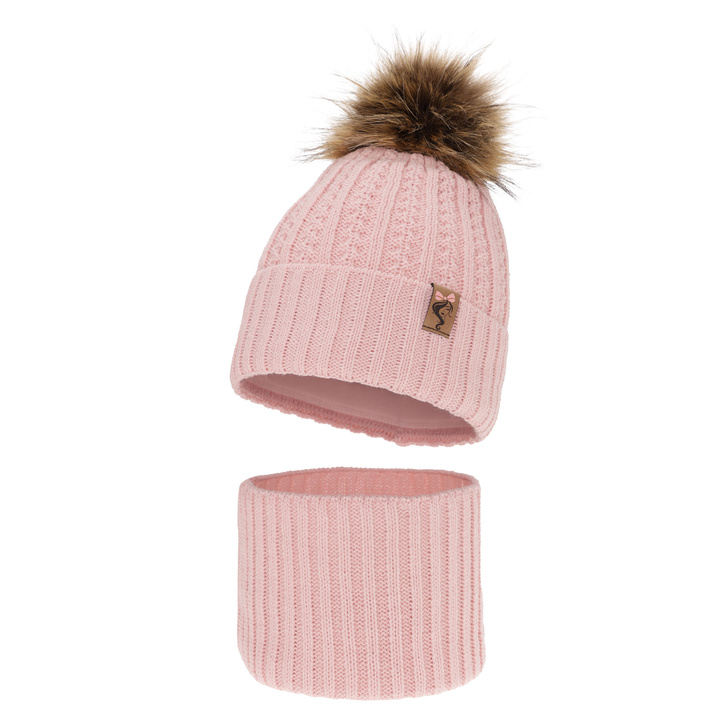 Meisjes winter set, roze, met garen pompon, Larina