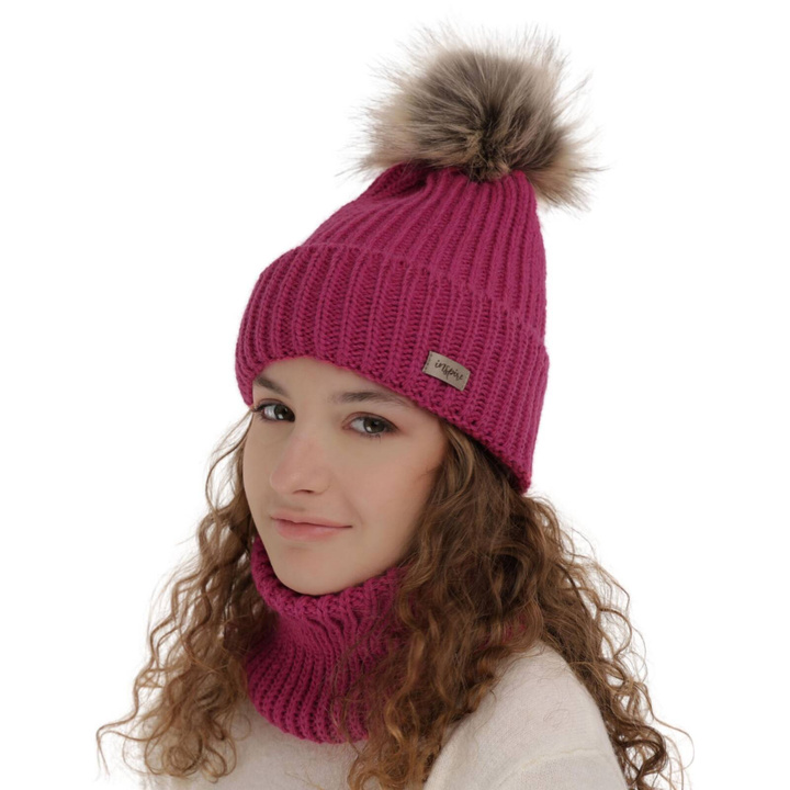 Meisjes winter set muts en buissjaal, roze, met garen pompon, Willow