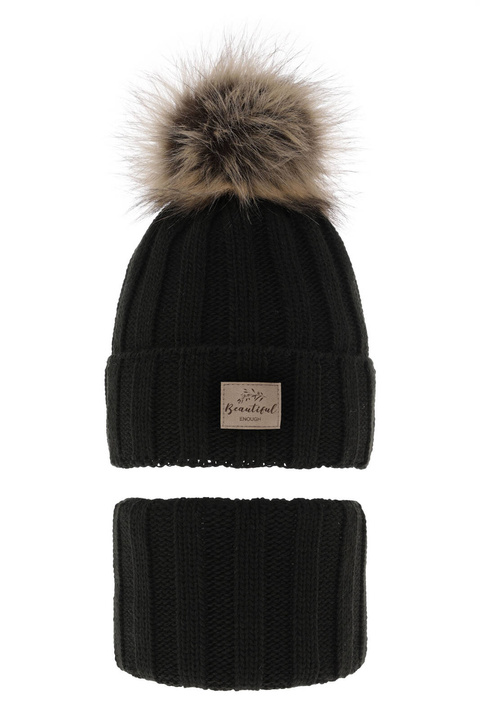 Meisjes winter set, zwart, met garen pompon, Kaliope