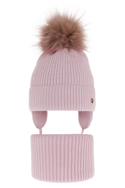 Meisjes winter set muts en buissjaal, lila, met garen pompon, met bindkoorden, Debra