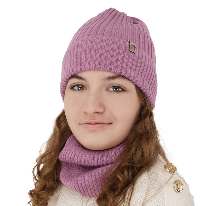 Meisjes winter set muts en buissjaal, paars, 100% Merino Wol, Patricia