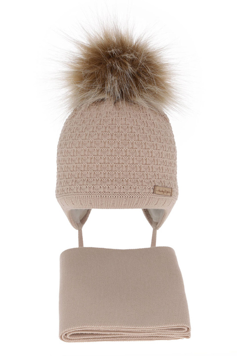 Meisjes winter set, beige, met garen pompon, Clotilde