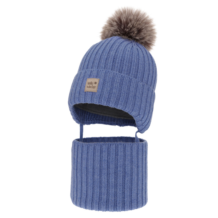 Jongens winter set, blauw, 100% Merino Wol, gevoerd met wolpolair, Met bindkoorden, Morti