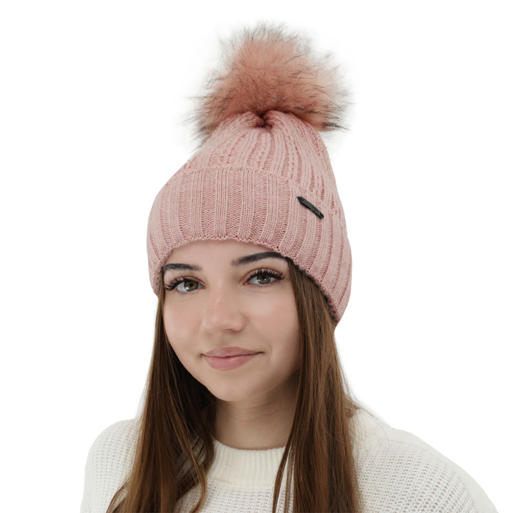 Dames wintermuts, roze, met garen pompon, Karizma