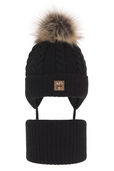 Meisjes winter set, zwart, met garen pompon, met bindkoorden, Finess