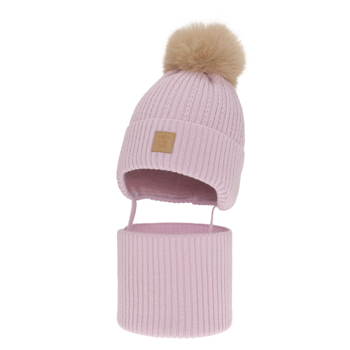 Meisjes winter set (muts en sjaal), lila, met garen pompon, Betty