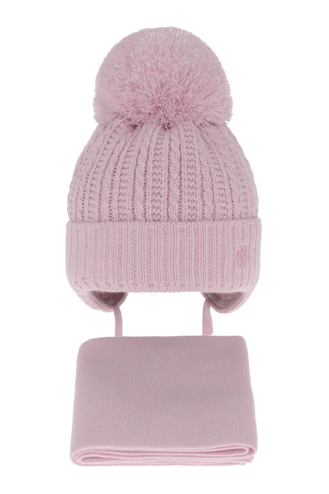 Meisjes winter set muts en sjaal, paars, met bindkoorden, met garen pompon, Marisa