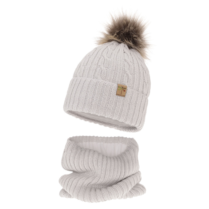 Meisjes winter set muts en buissjaal, lichtgrijs, met garen pompon, met merinowol, Aprilia