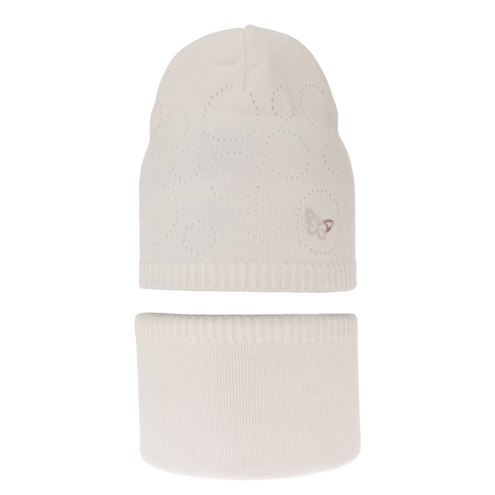 Meisjes herfst/lente set muts en buissjaal, puuvillalla, creme, ajour, Amarilla