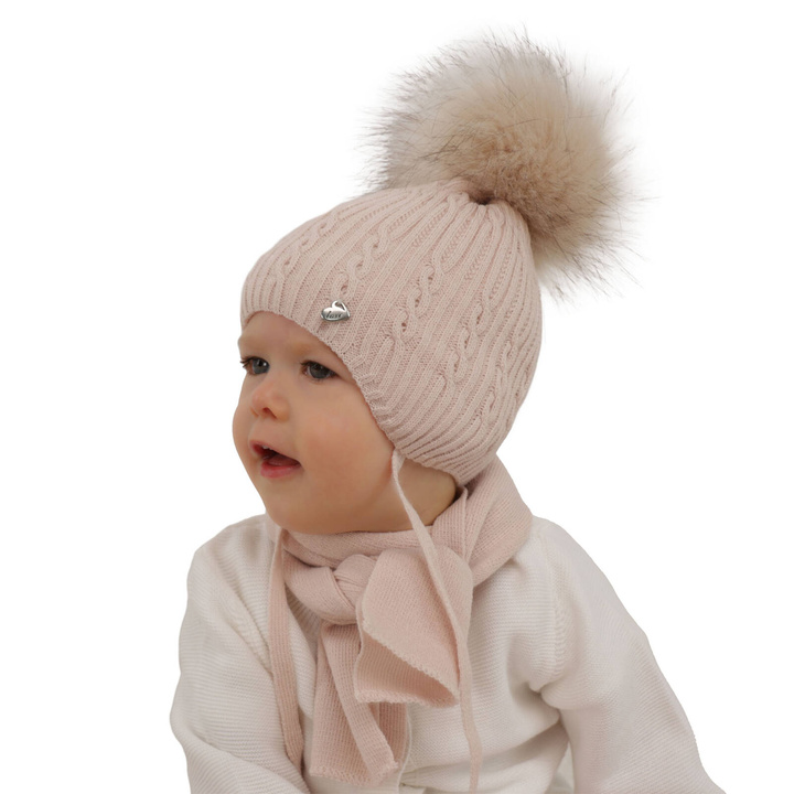Meisjes winter set muts en sjaal, beige, met garen pompon, Amana