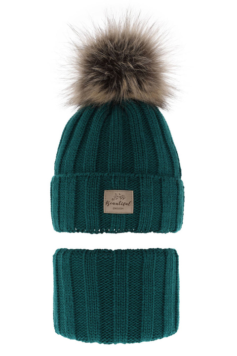 Meisjes winter set muts en buissjaal, smaragd, met garen pompon, Kaliope
