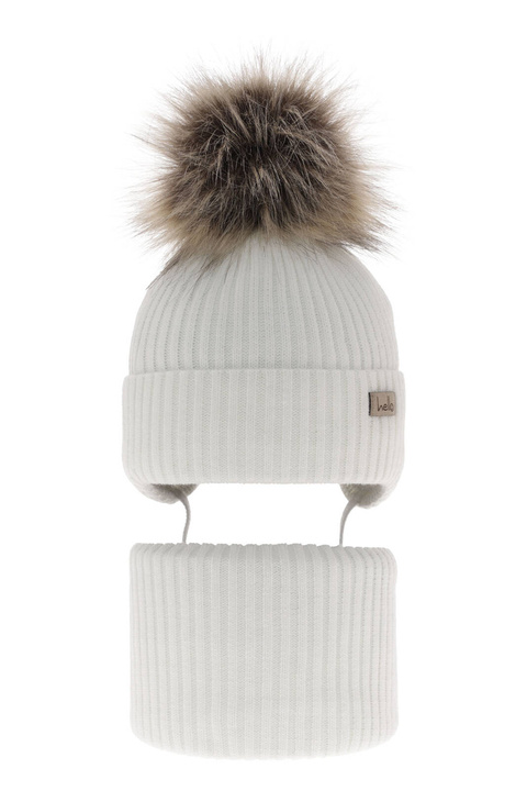 Meisjes winter set muts en buissjaal, wit, met bindkoorden, met garen pompon, Bria