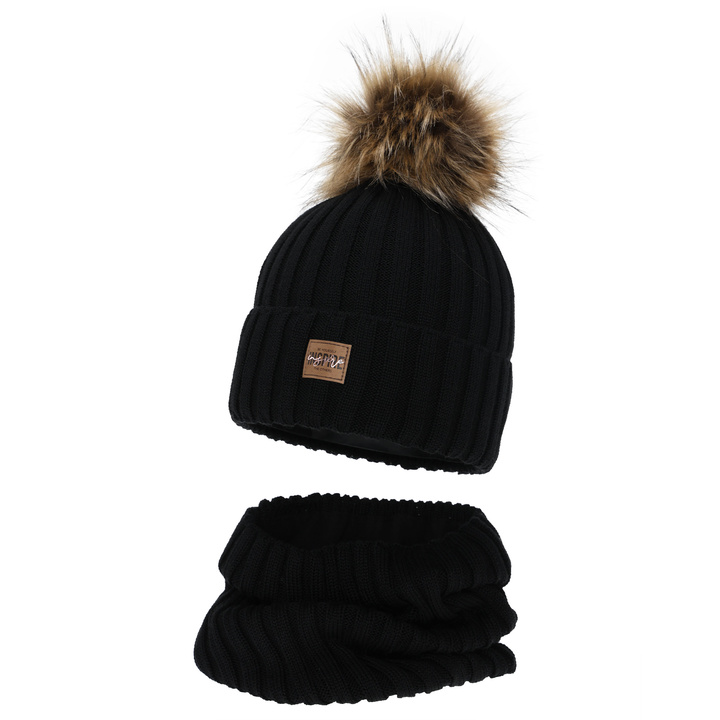 Tyttöjen talvisetti (pipo ja putkihuivi), musta, fleecevuorilla, merinovillalla, Bellina