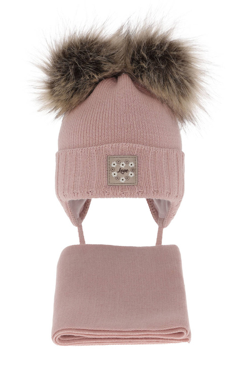 Meisjes winter set muts en sjaal, roze, met twee pompons, Jazz