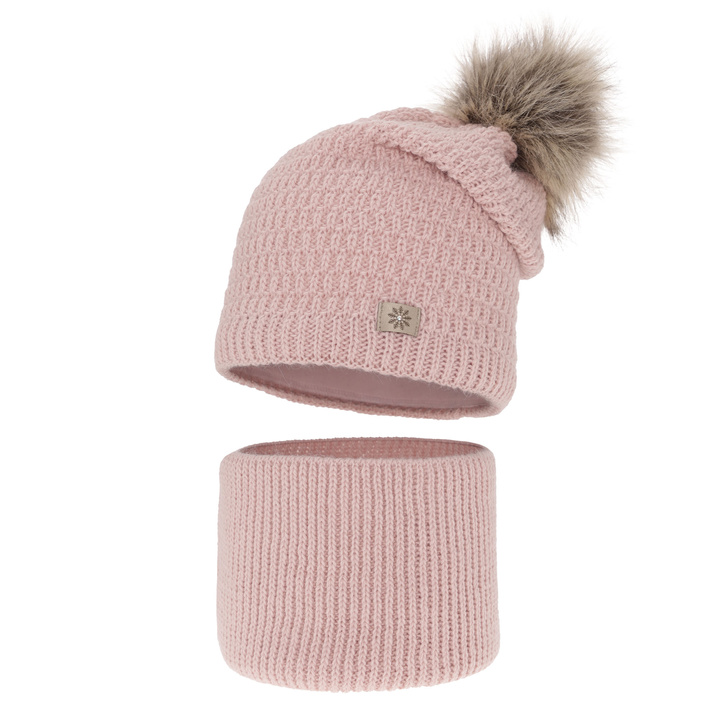 Meisjes winter set muts en buissjaal, roze, met garen pompon, Germina
