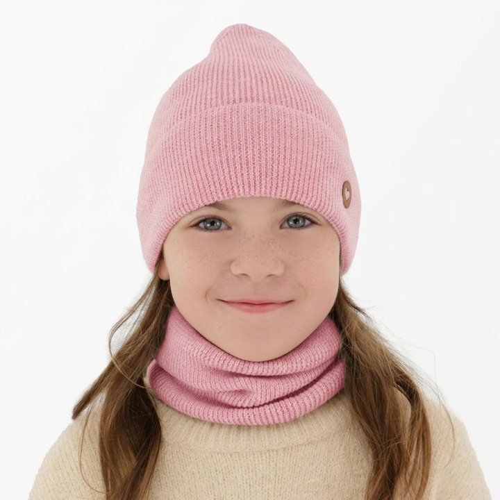 Meisjes herfst/lente set muts en buissjaal, roze, 100% Merino Wol, Brook