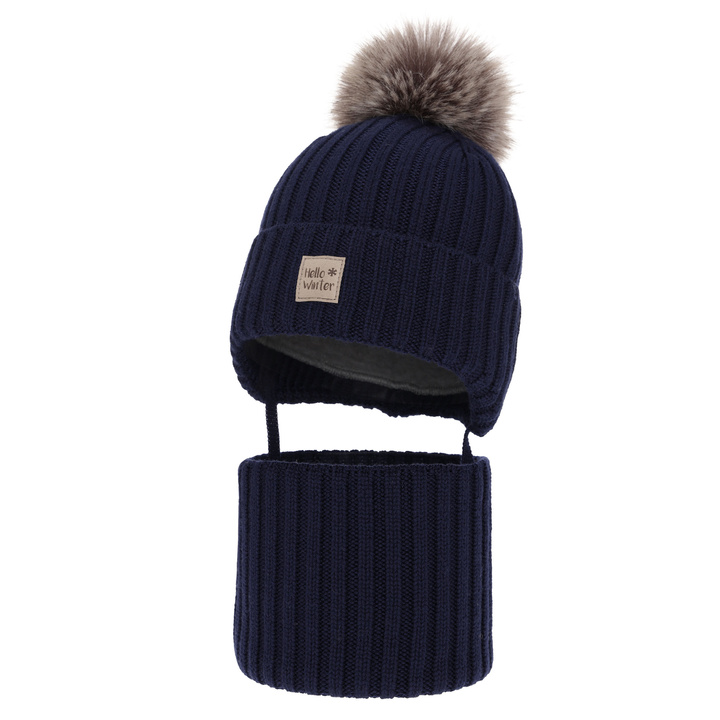 Jongens winter set, navy, 100% Merino Wol, gevoerd met wol, Met bindkoorden, Morti