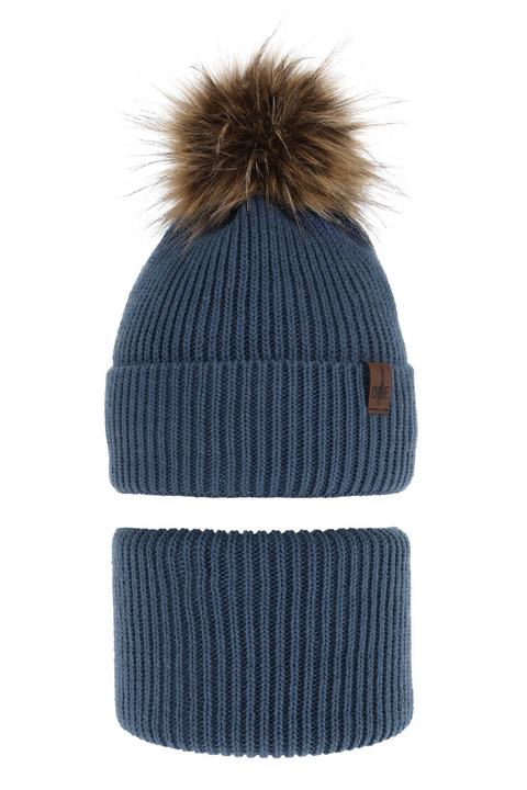 Jongens winter set muts en sjaal, blauw, met garen pompon, Modus